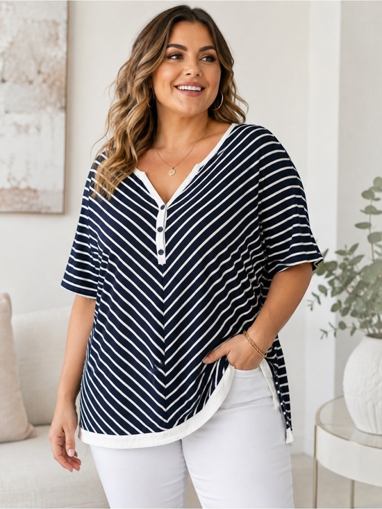 Jones New York Tops - Jones New York Sport Woman 1X Navy White Striped Chevron Henley Tunic Top